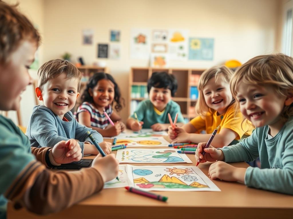 Crianças criando desenhos educativos
